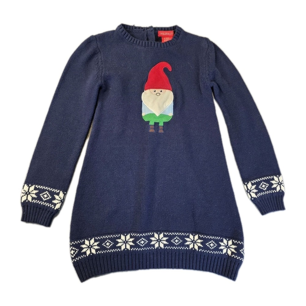 Jingles & Joy Girls 5/6 Navy Blue Christmas Sweater Dress Holiday Gnome Applique